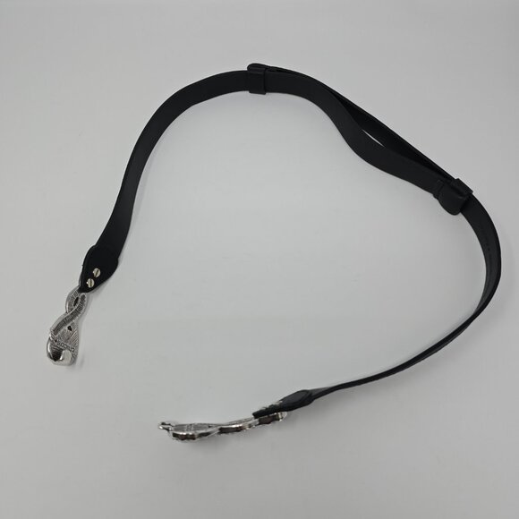 Chico’s Black Leather Adjustable Belt M/L Silver Rhinestone Buckle Waist Cinch